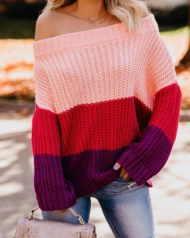 Colorblock Chunky Knit Boat Neck Sweater-Pinkami