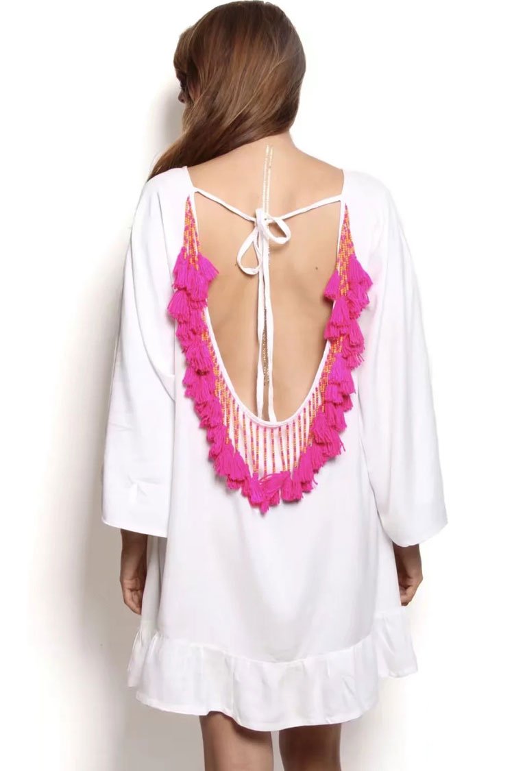 Sexy Fringe Self Tie Back Cover Up-Pinkami