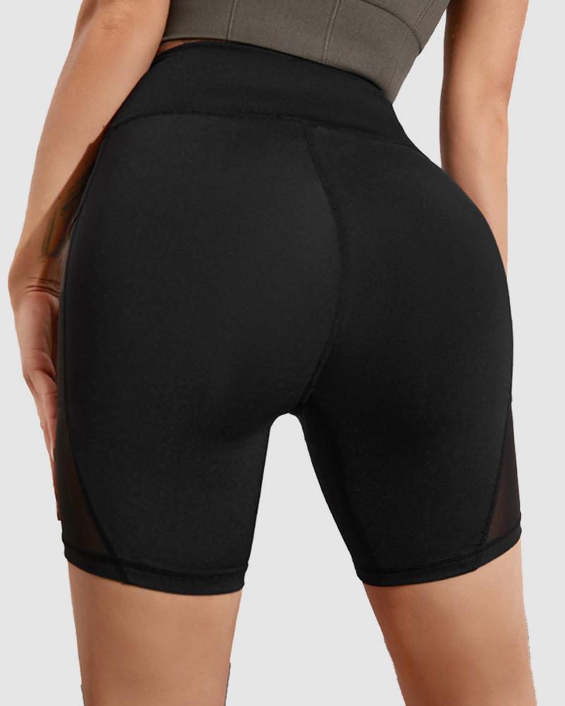 Mesh Insert Pocket Side Wide Waistband Sports Shorts-Pinkami