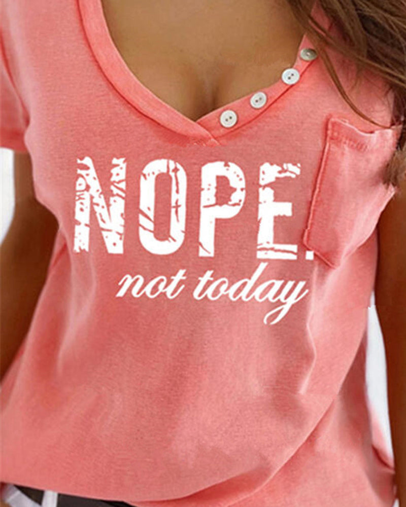 Letter Print Button Decor Patched Pocket T-Shirt-Pinkami