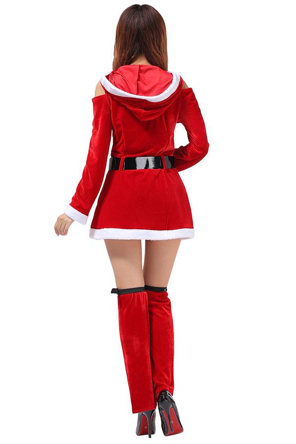 Womens Cold Shoulder Hooded Long Sleeve Christmas Santa Costume Red-Pinkami