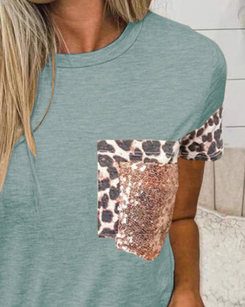 Contrast Leopard Sequin Patched Pocket T-Shirt-Pinkami