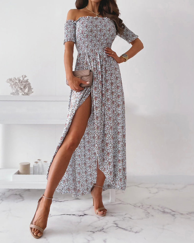 Ditsy Floral Print Shirred Split Thigh Off Shoulder Dress