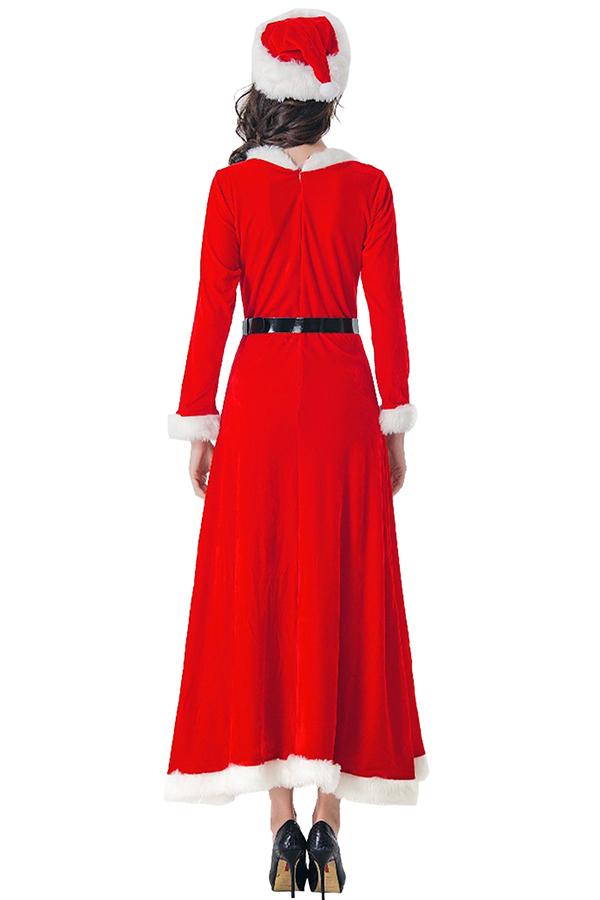 Cute Fur Trim Belted Maxi Santa Dress Christmas Costume Red-Pinkami