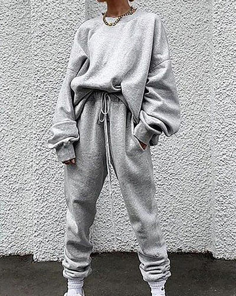 Solid Drawstring Waist Slant Pocket Elastic Hem Sweatshirt & Pants Set-Pinkami