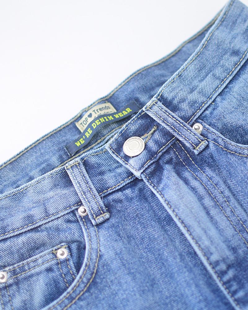 Women Ripped Split Hem High Waist Straight Leg Jeans-Pinkami