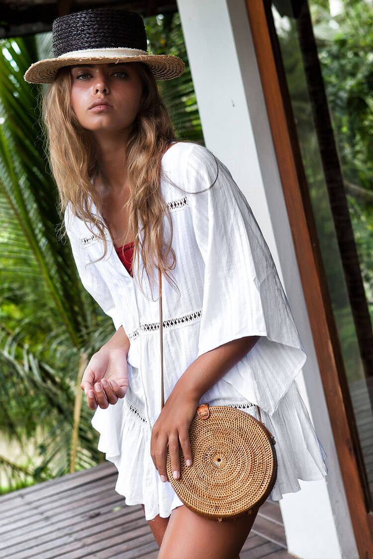 Pinstripe Half Sleeve Crochet Trim Button Down Cover Up Blouse-Pinkami