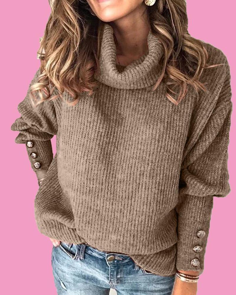 Solid Button Detail Ribbed High Neck Sweater-Pinkami