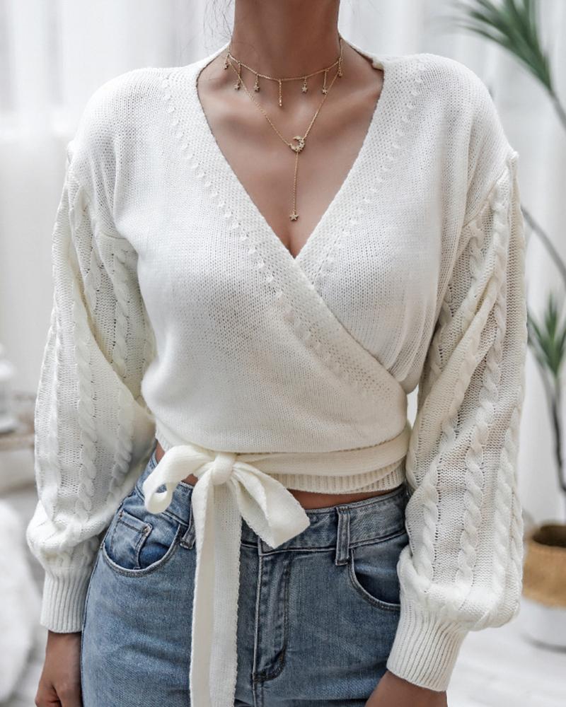 Cable Knit Overlap Self-Tie Sweater-Pinkami