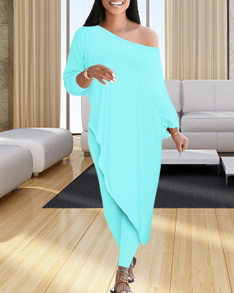 Solid Boat Neck Asymmetrical Long Sleeve Top & Pants Set-Pinkami