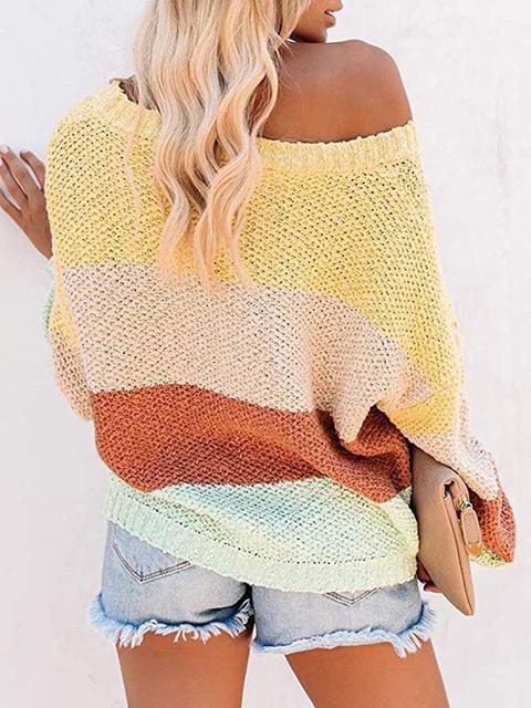 Color Block Off-shoulder Lightweight Sweater-Pinkami