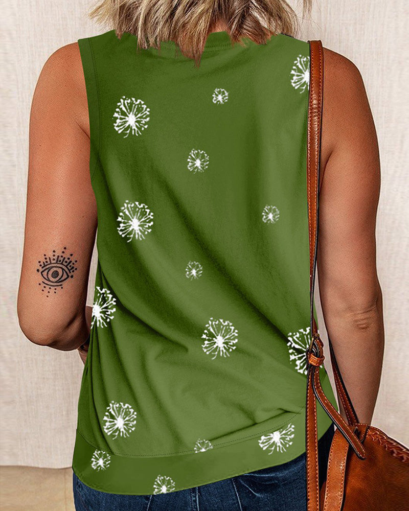 Dandelion Print Split Side Tank Top-Pinkami