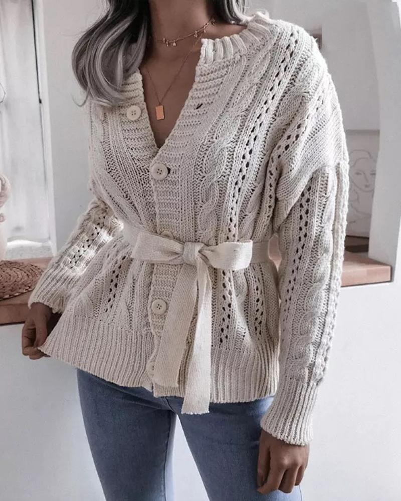 Solid Cable Knit Button Up Self-Tie Sweater-Pinkami