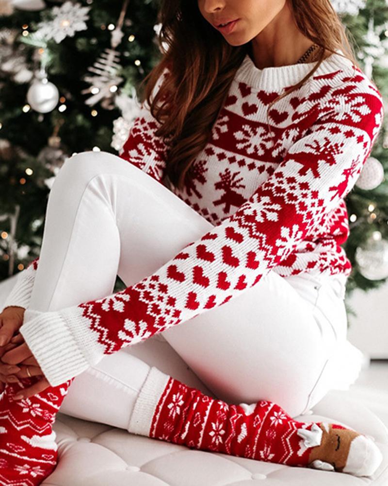 Elk & Snowflake Print Contrast Binding Ribbed Sweater-Pinkami