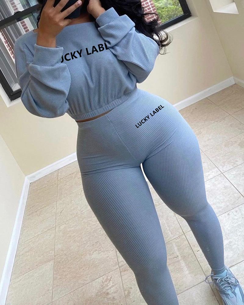 Letter Print Rib-Knit Crop Top & Pants Set-Pinkami