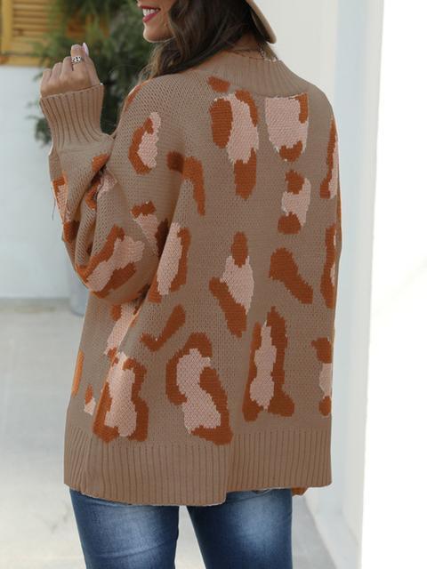 Leopard Pattern Long Sleeve Pullover Sweater-Pinkami