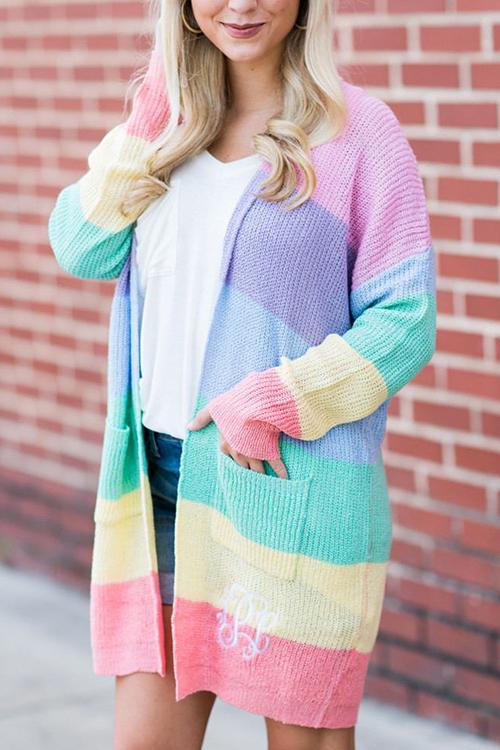 Knitwear Long Round neck Stitching Rainbow Striped Cardigan-Pinkami