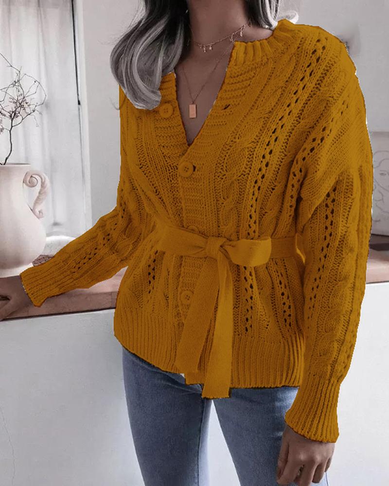 Solid Cable Knit Button Up Self-Tie Sweater-Pinkami