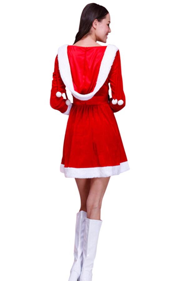 Womens Hooded Fur Trim Long Sleeve Lace Up Christmas Santa Costume Red-Pinkami