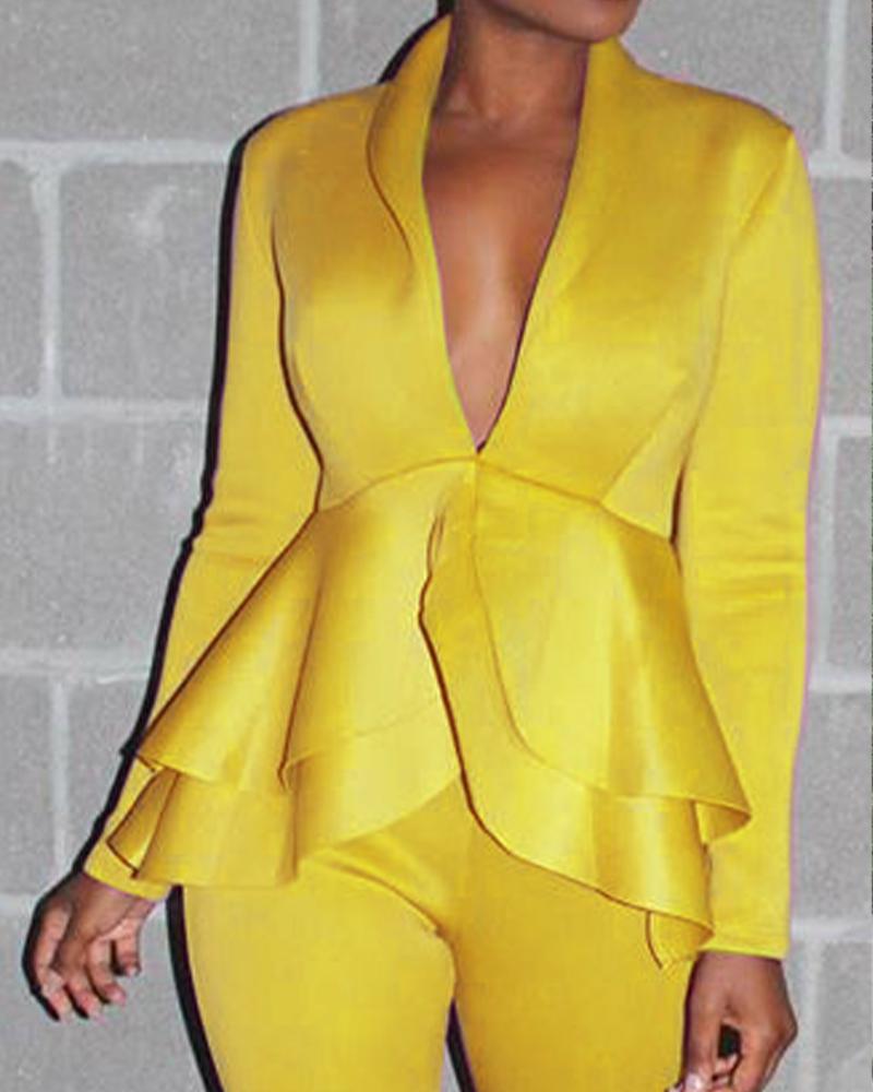 Solid Tiered Layer Ruffle Hem Blazer & Pants Set-Pinkami