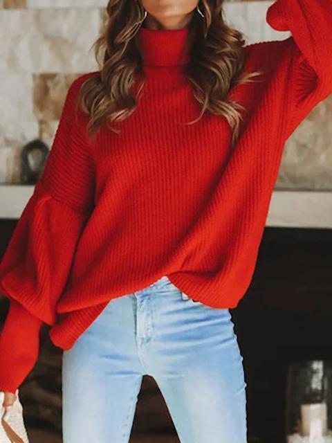 Solid Color Lantern Sleeve Turtleneck Sweater-Pinkami