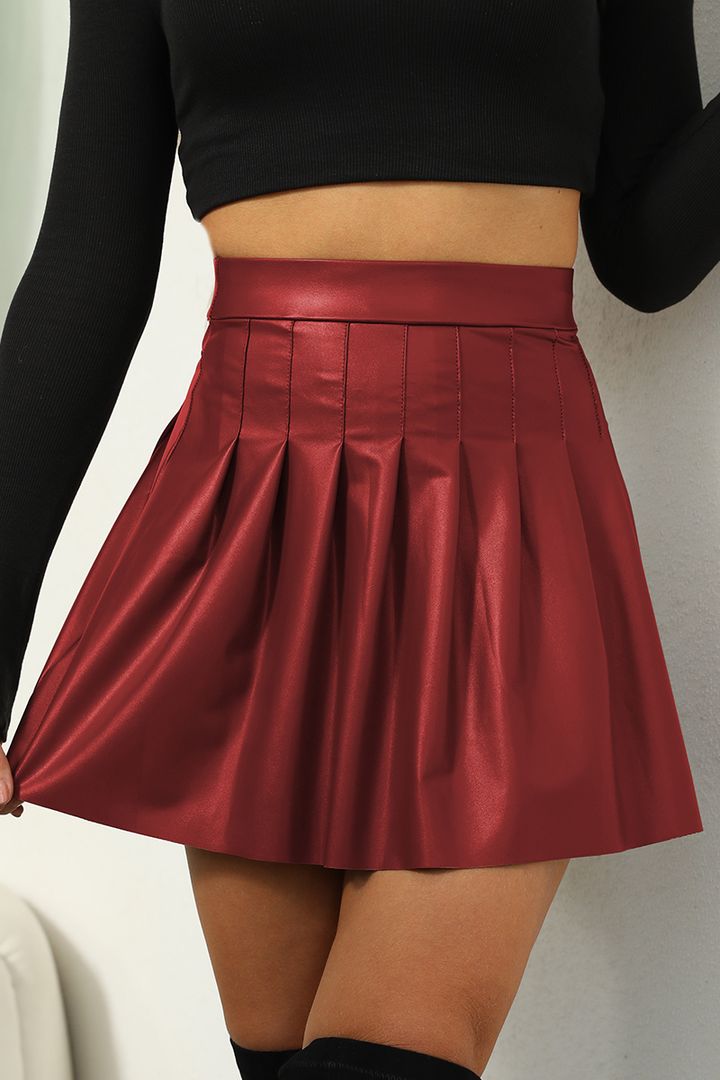 PU Leather Solid Pleated High Waist Mini Skirt