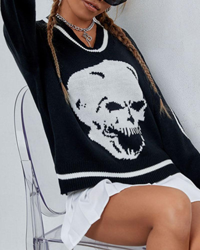 Skull Print Contrast Binding Drop Shoulder Sweater-Pinkami