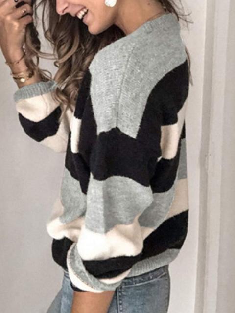 Striped Round Neck Long Sleeve Sweater Pullover-Pinkami