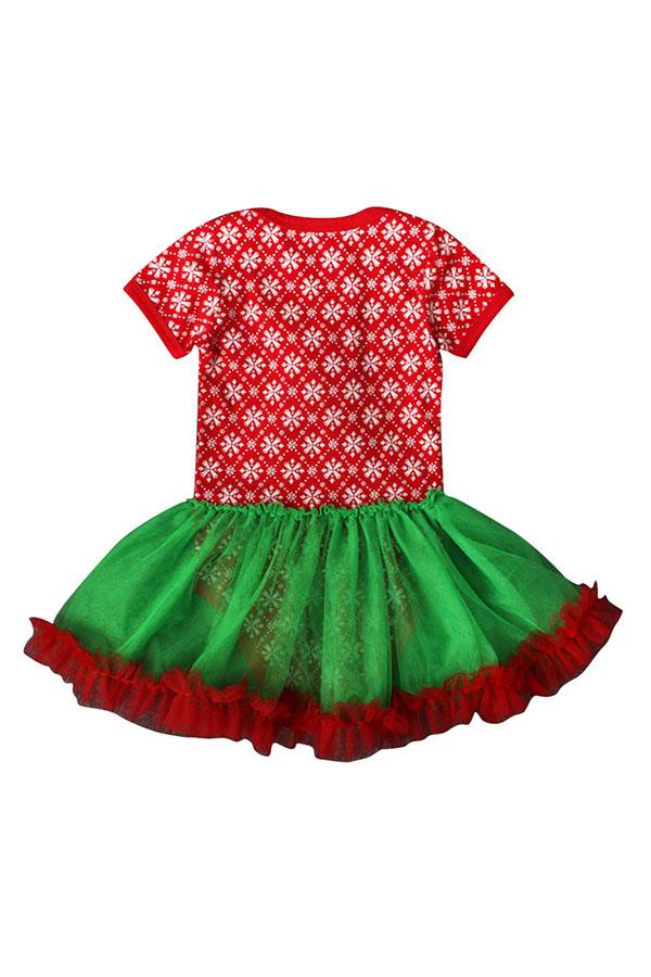 Short Sleeve Snowflake Print Baby Girls Christmas Tree Dress Green-Pinkami
