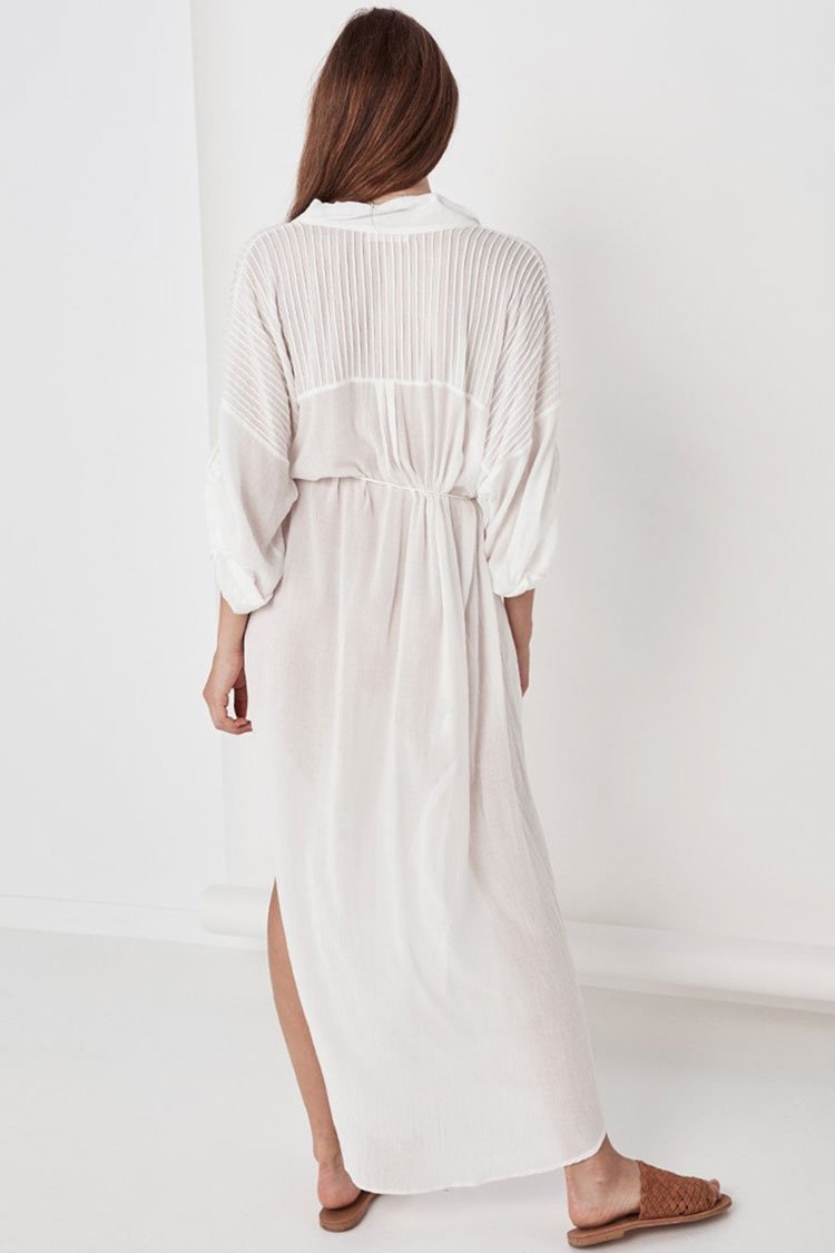 Striped Half Sleeve Patch Pocket Side Split Maxi Cover Up-Pinkami