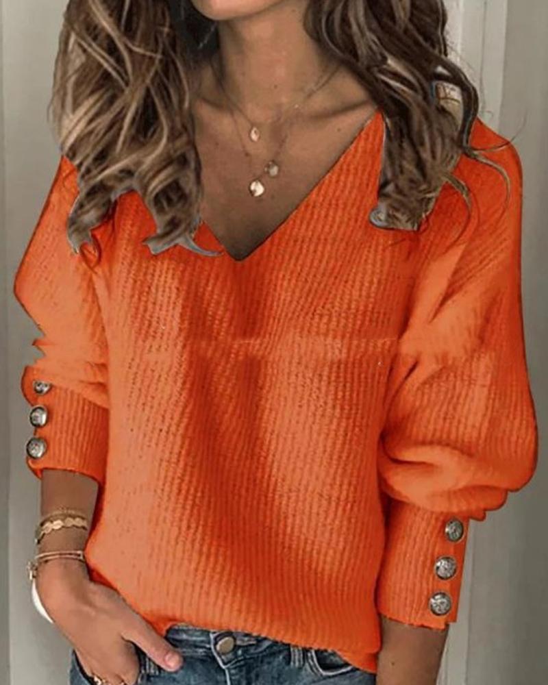 Solid Rib-Knit Button Detail V Neck Top-Pinkami