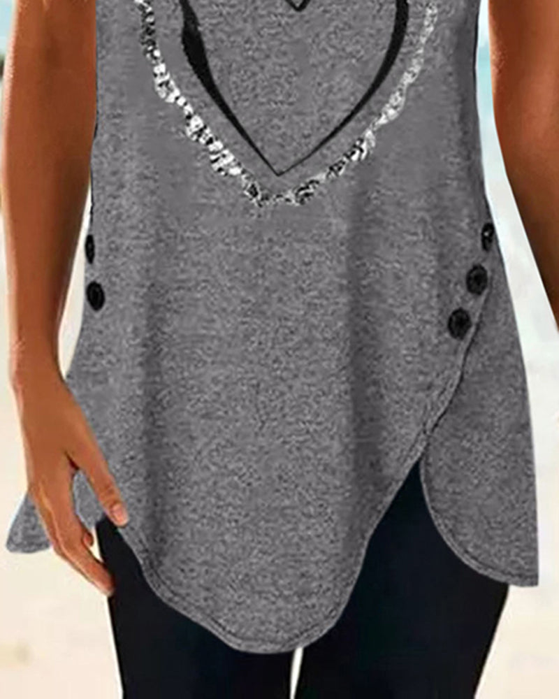 Heart Print Button Side Asymmetrical Hem T-Shirt-Pinkami