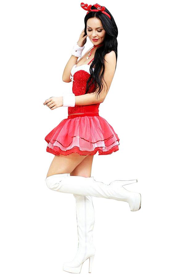 Sexy Sequined Mesh Miss Santa Dress Christmas Costume Red-Pinkami