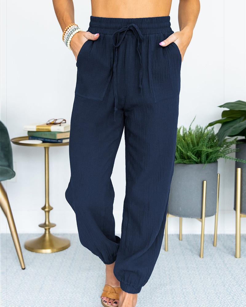 Solid Slant Pocket Drawstring Waist Joggers For Women-Pinkami