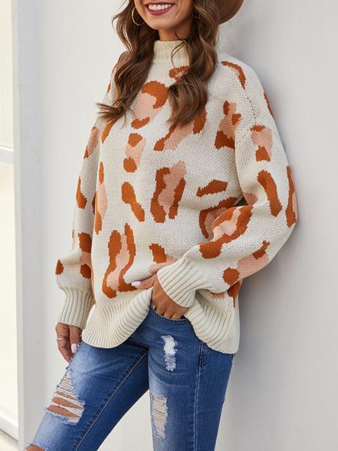 Leopard Pattern Long Sleeve Pullover Sweater-Pinkami