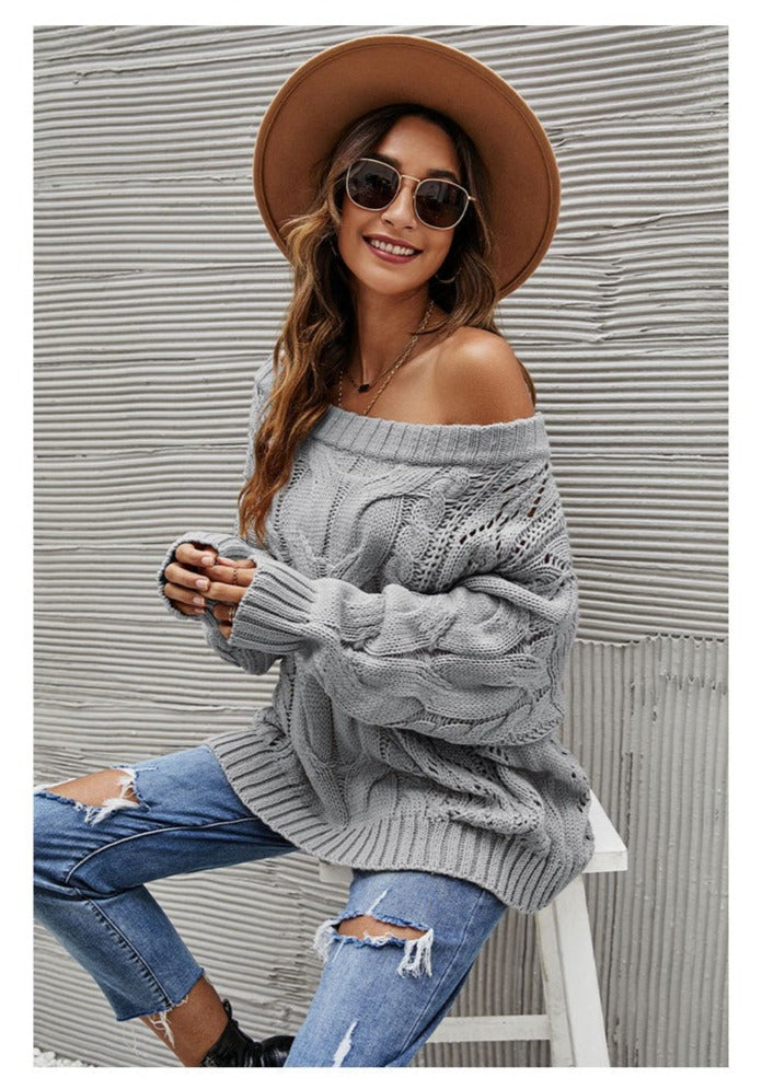 Solid Cable Knit Boat Neck Sweater-Pinkami