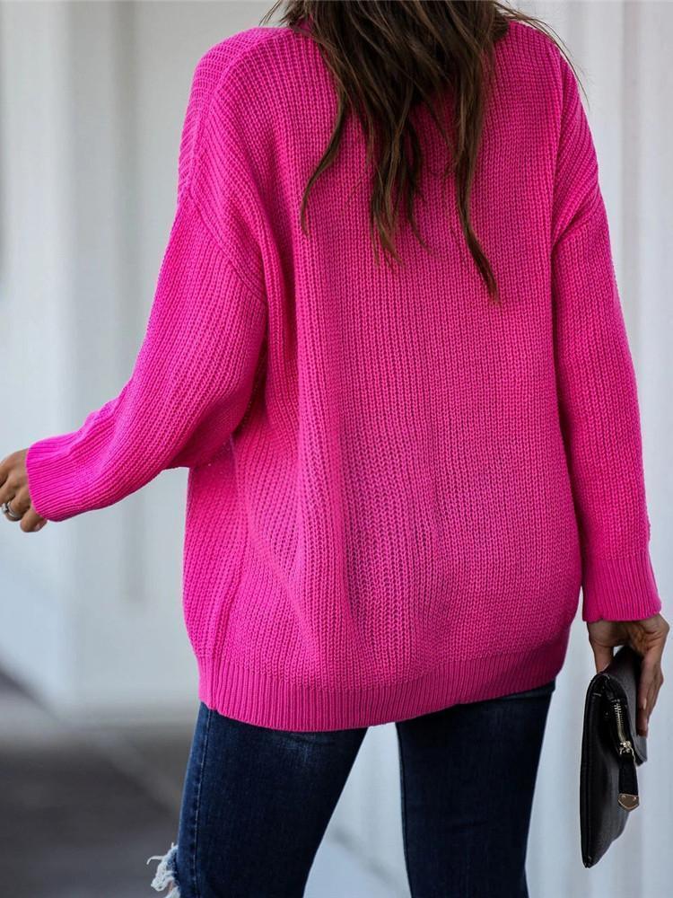 V-neck Solid Loose Sweater-Pinkami