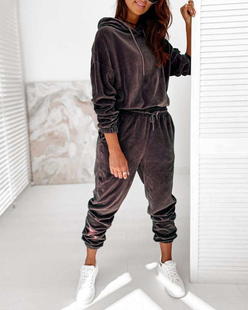 Solid Velvet Drawstring Detail Hoodie & Pants Set-Pinkami
