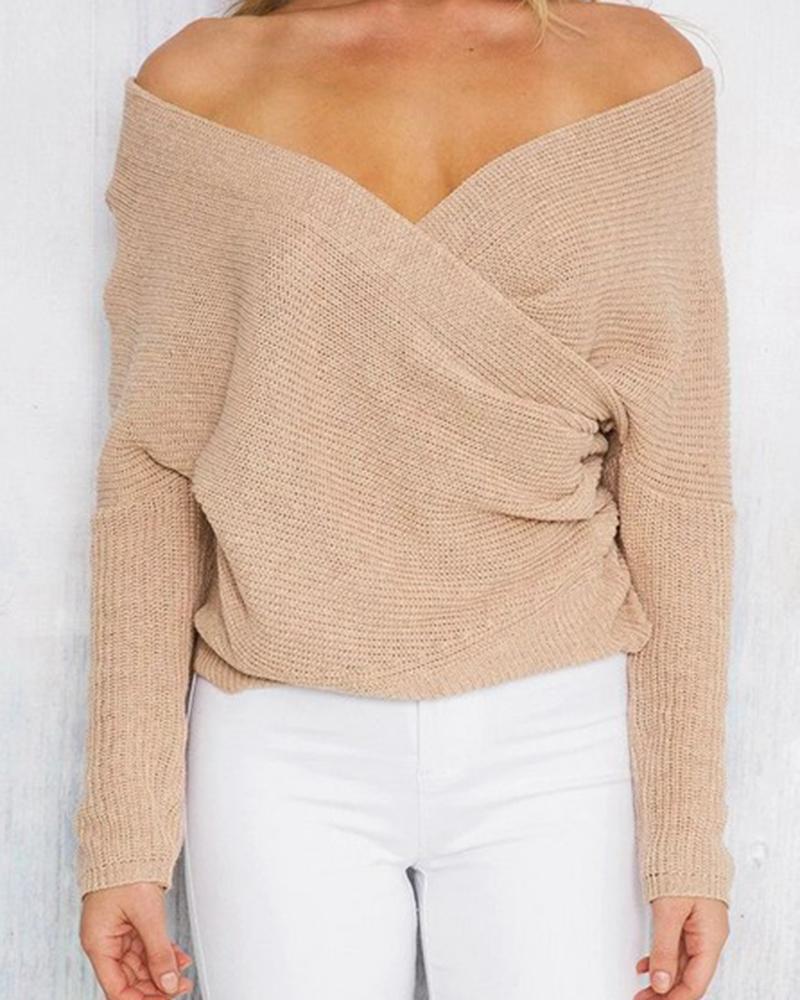 Solid Chunky Knit Ruched Surplice Neck Sweater-Pinkami