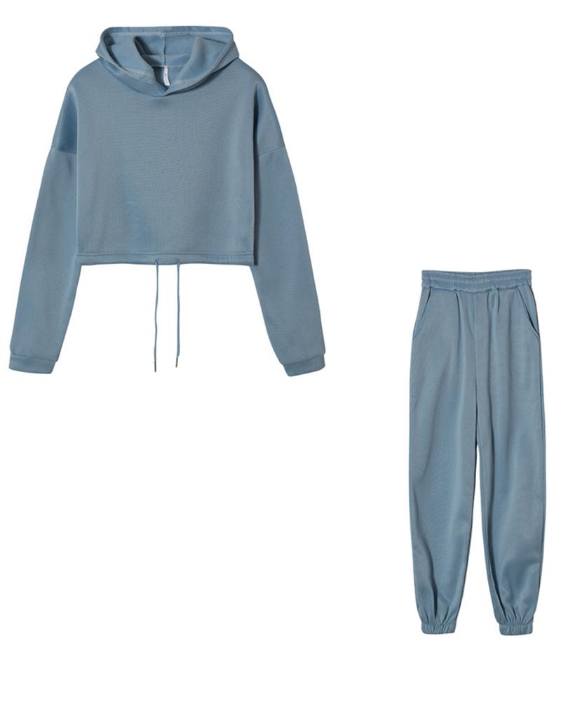 Solid Drawstring Elastic Hem Hooded Top & Pants Set-Pinkami