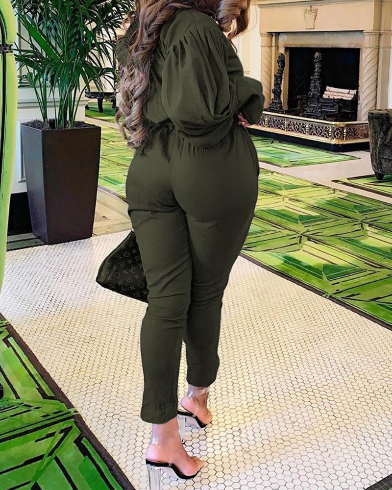 Solid Button Up Pocket Detail Top & Pants Set-Pinkami