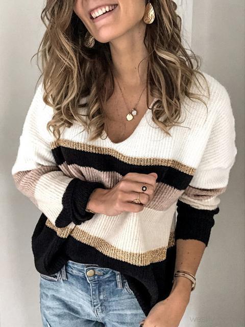 Casual Loose Stripe V-Neckline Sweater-Pinkami
