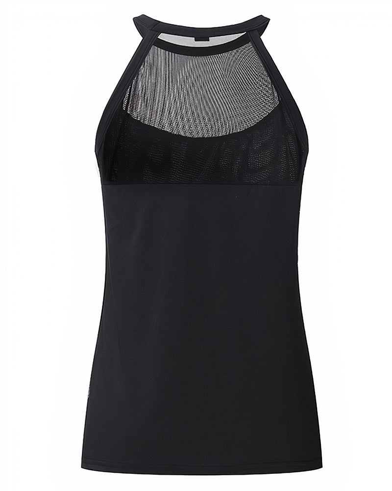Contrast Mesh Round Neck Tank Top-Pinkami