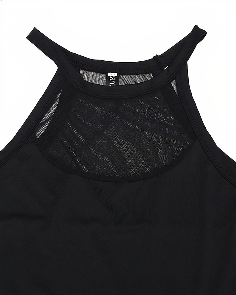 Contrast Mesh Round Neck Tank Top-Pinkami