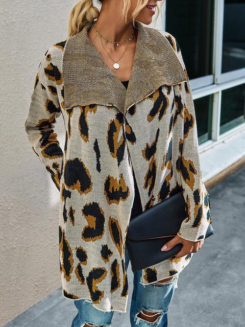 Leopard Long Sleeve Lapel Sweaters Coat-Pinkami