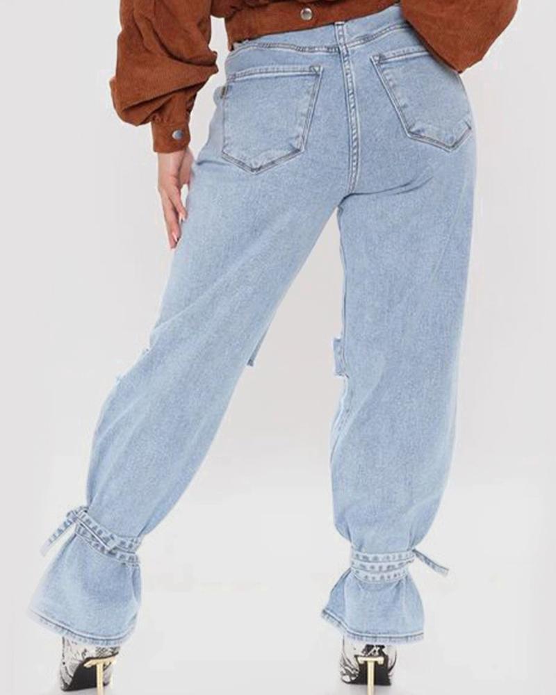 Women Ripped Ankle Tie Low Waist Jeans-Pinkami
