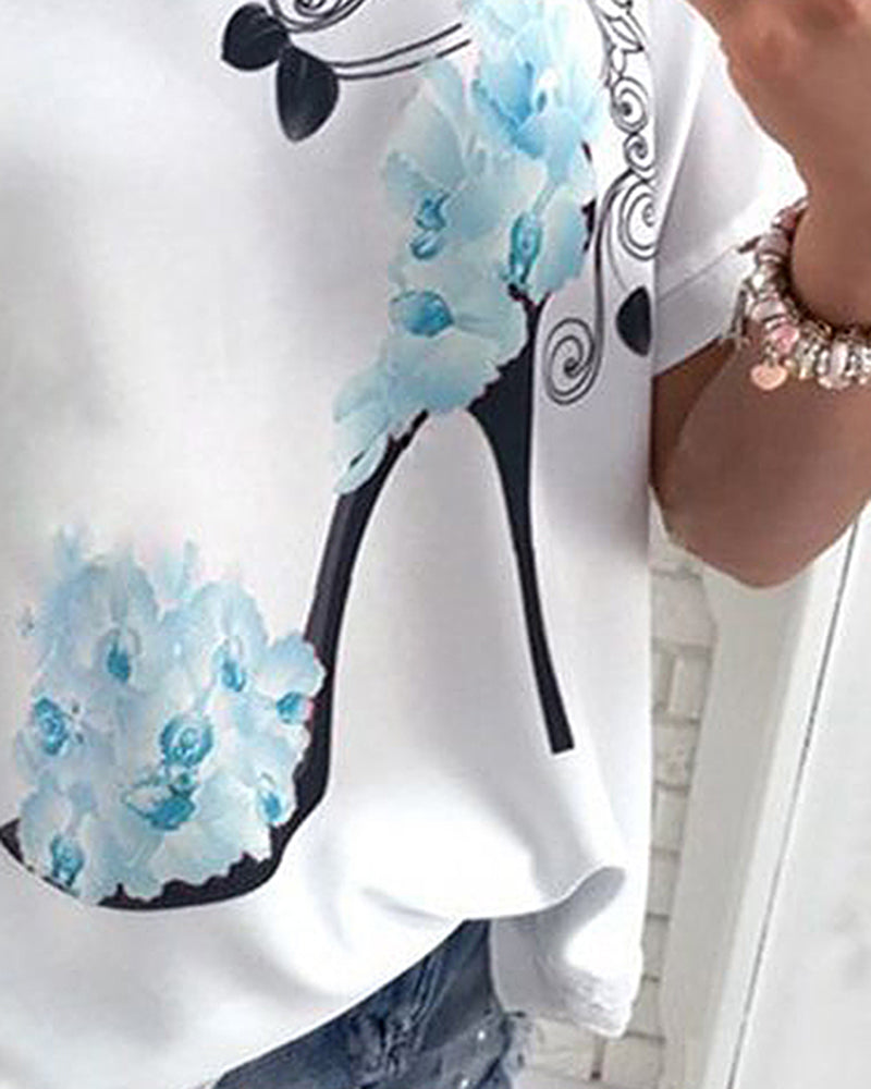 Floral & High Heel Print Drop Shoulder T-Shirt-Pinkami