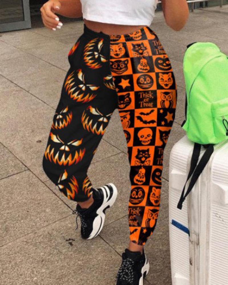 Colorblock & Halloween Graphic Pattern Pocket Side Joggers For Women-Pinkami