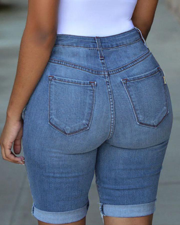 Women Extreme Distressed Roll Up Hem Denim Shorts-Pinkami