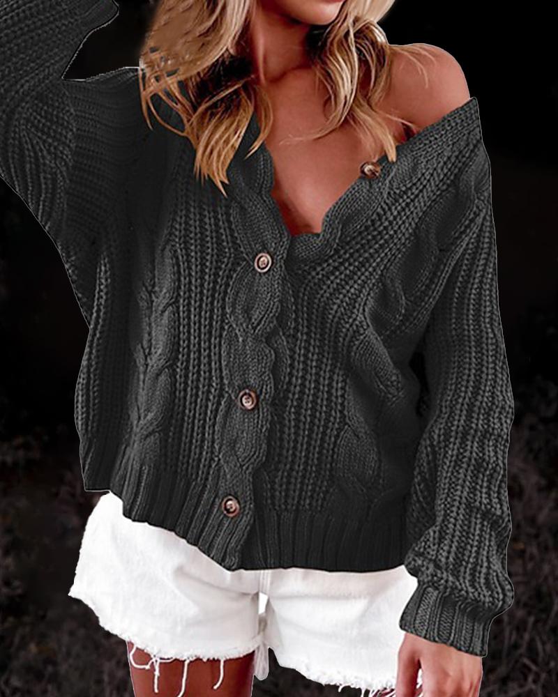 Solid Cable Knit Button Front Sweater